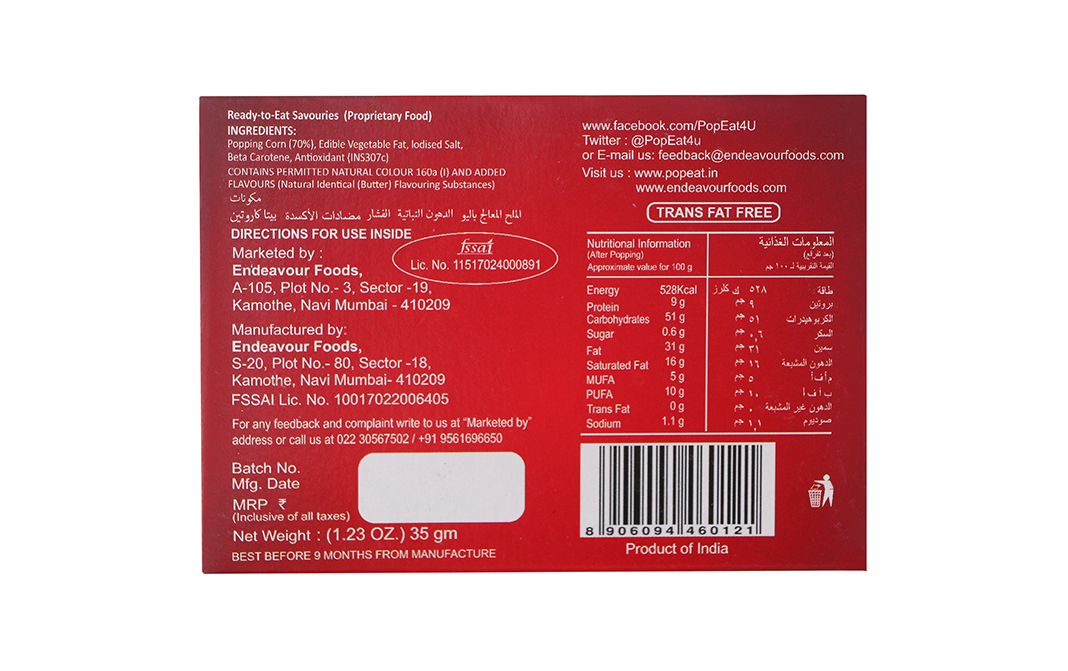 PopEat Microwave Popcorn Butter Delight   Pack  35 grams